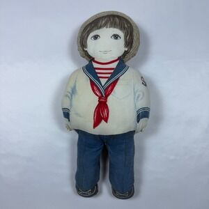 Vintage Sailor Boy Fabric Pillow Doll Screen Printed Nautical Soft Toy 17 inch